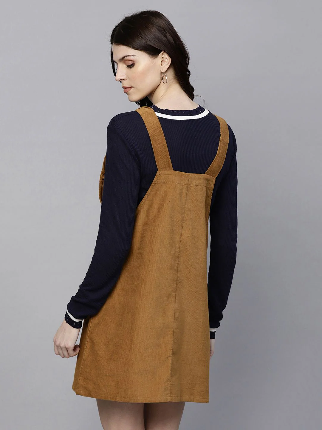 SASSAFRAS Women Brown Solid Corduroy Pinafore Dress - Image 5