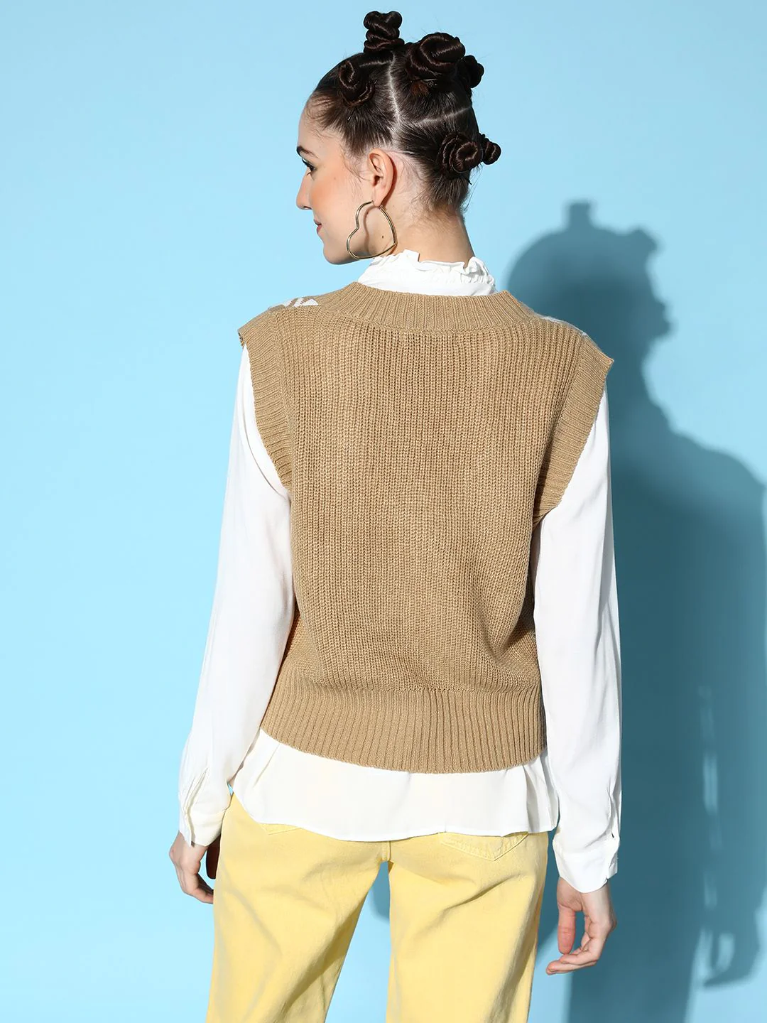 SASSAFRAS Women Brown & White Houndstooth Design Sweater Vest - Image 5