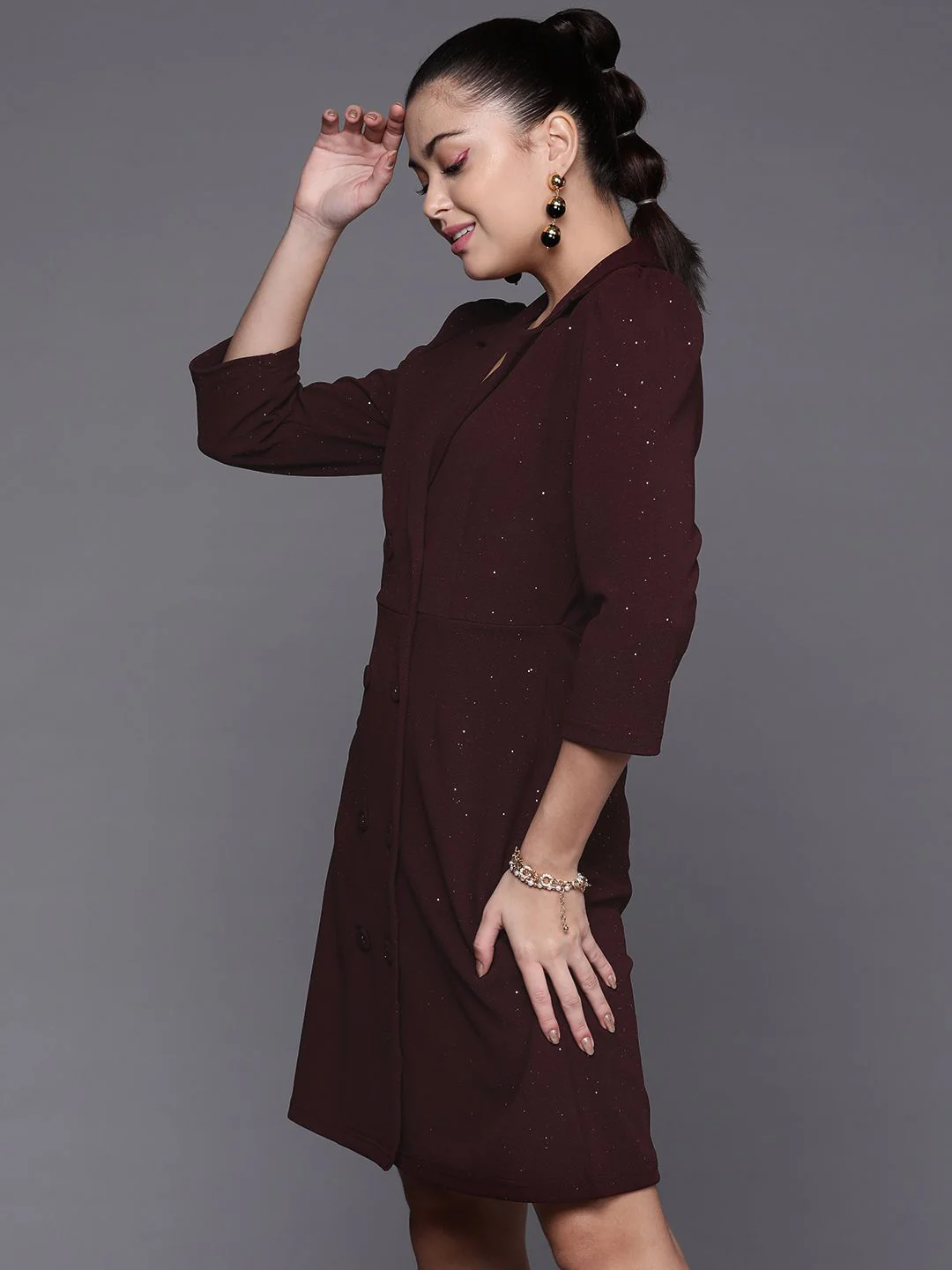 SASSAFRAS Women Burgundy Solid Shirt Dress - Image 3