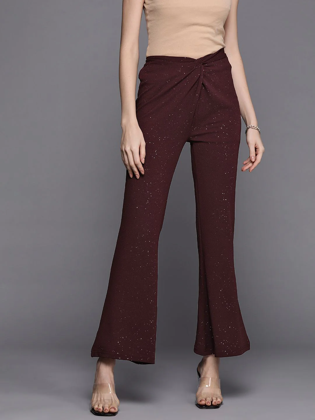 SASSAFRAS Women Burgundy Solid Slim Fit Shimmer Twisted Bootcut Trousers - Image 3