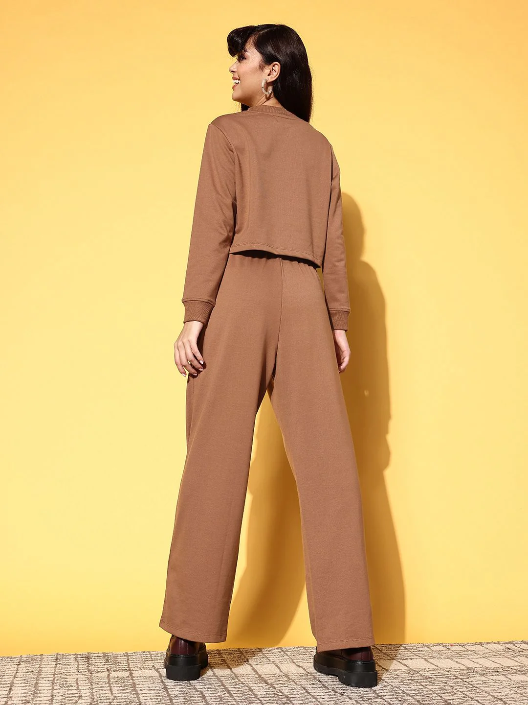 SASSAFRAS Women Chic Brown Printed Sweatshirt with Solid Trousers - Image 4