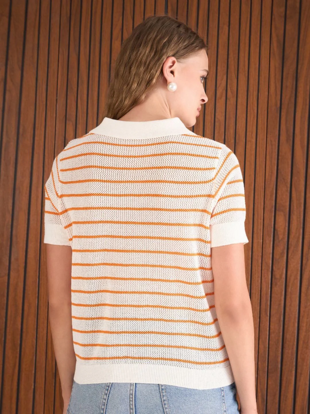 SASSAFRAS Women Crochet Stripess Polo Beach Cover-up T-Shirt - Image 5