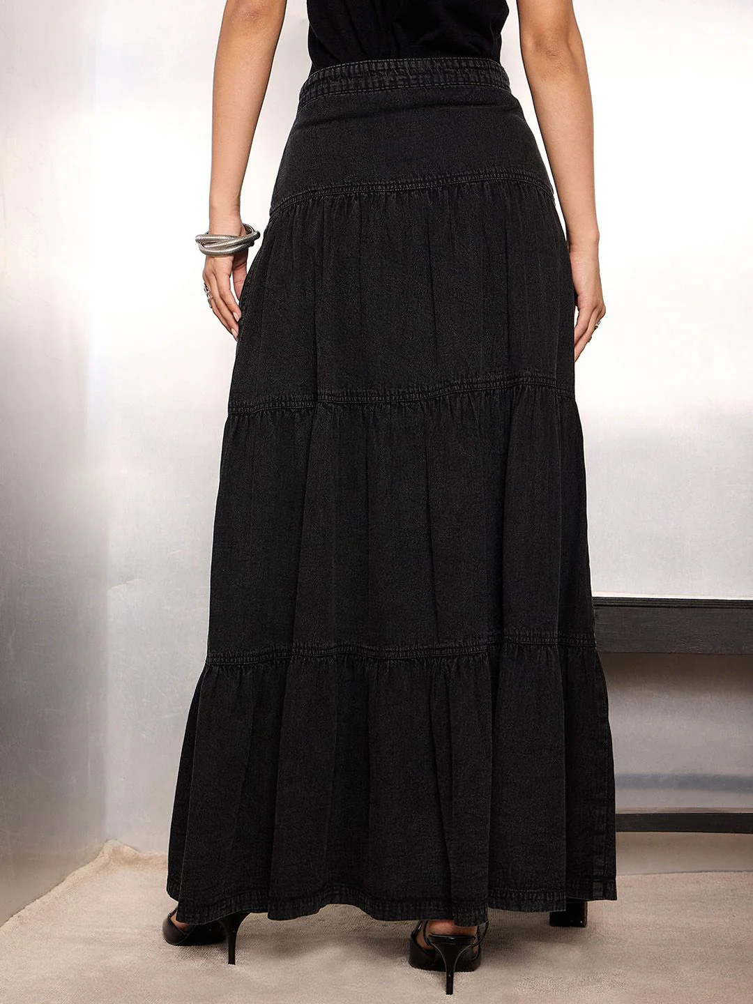 SASSAFRAS Women Denim Flared Maxi Skirts - Image 3