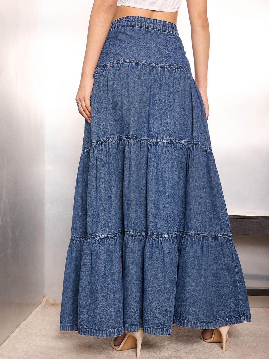 SASSAFRAS Women Denim Tiered Maxi Skirt - Image 3