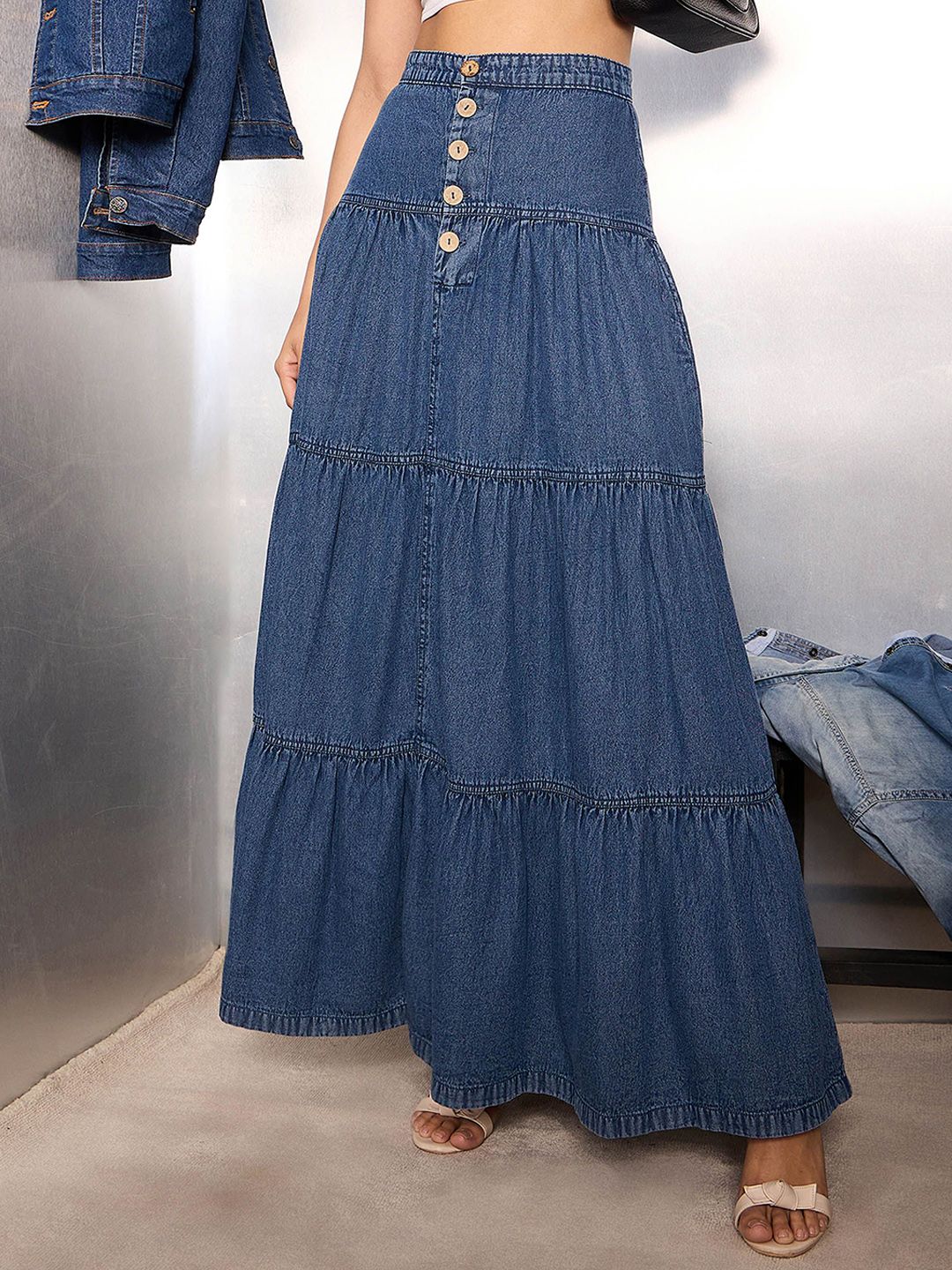 SASSAFRAS Women Denim Tiered Maxi Skirt - Image 5