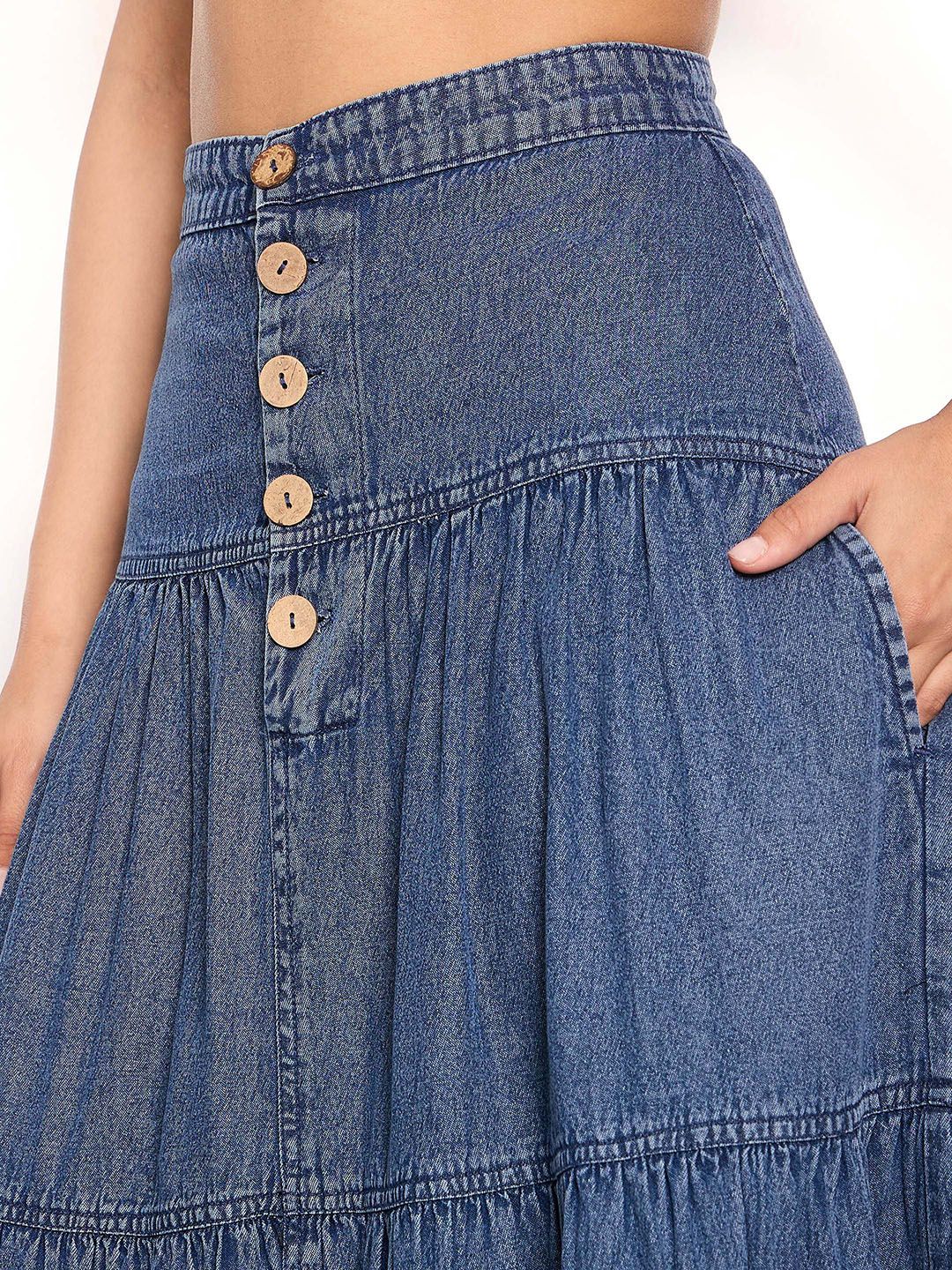 SASSAFRAS Women Denim Tiered Maxi Skirt - Image 7