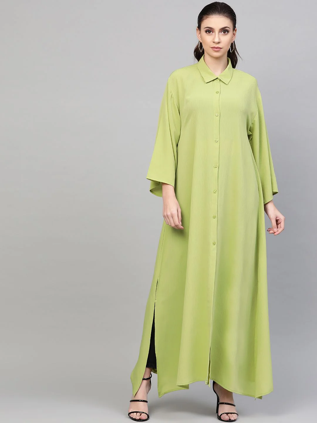 SASSAFRAS Women Fluorescent Green Solid Longline Shirt Style Shrug - Image 3