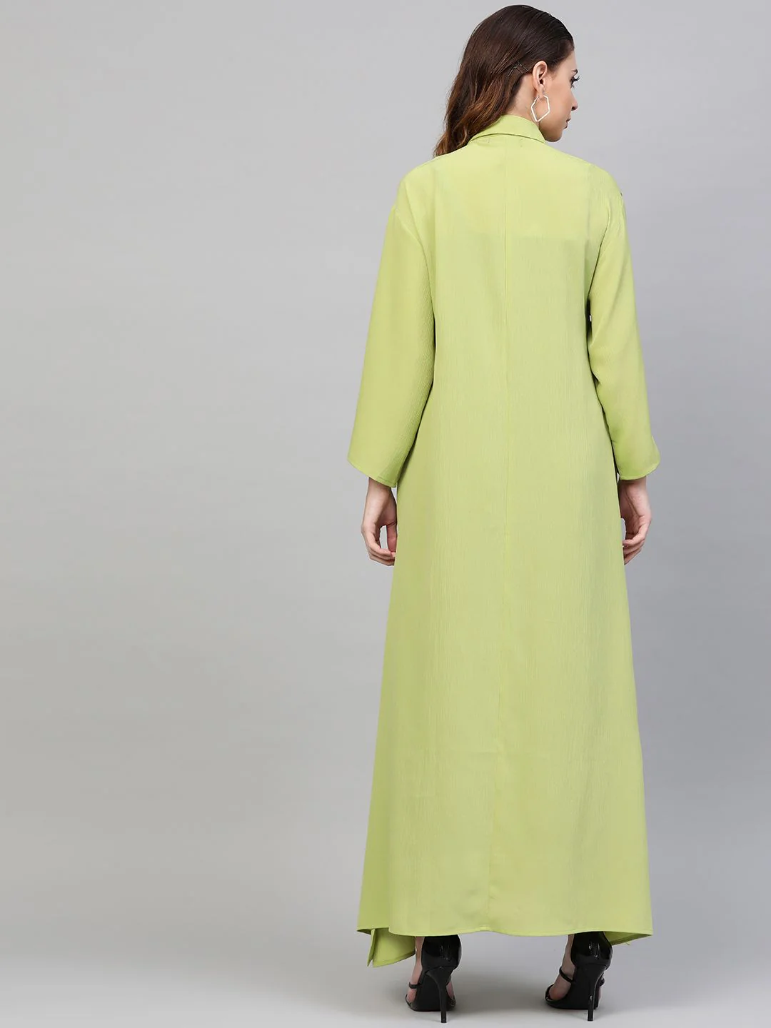 SASSAFRAS Women Fluorescent Green Solid Longline Shirt Style Shrug - Image 4