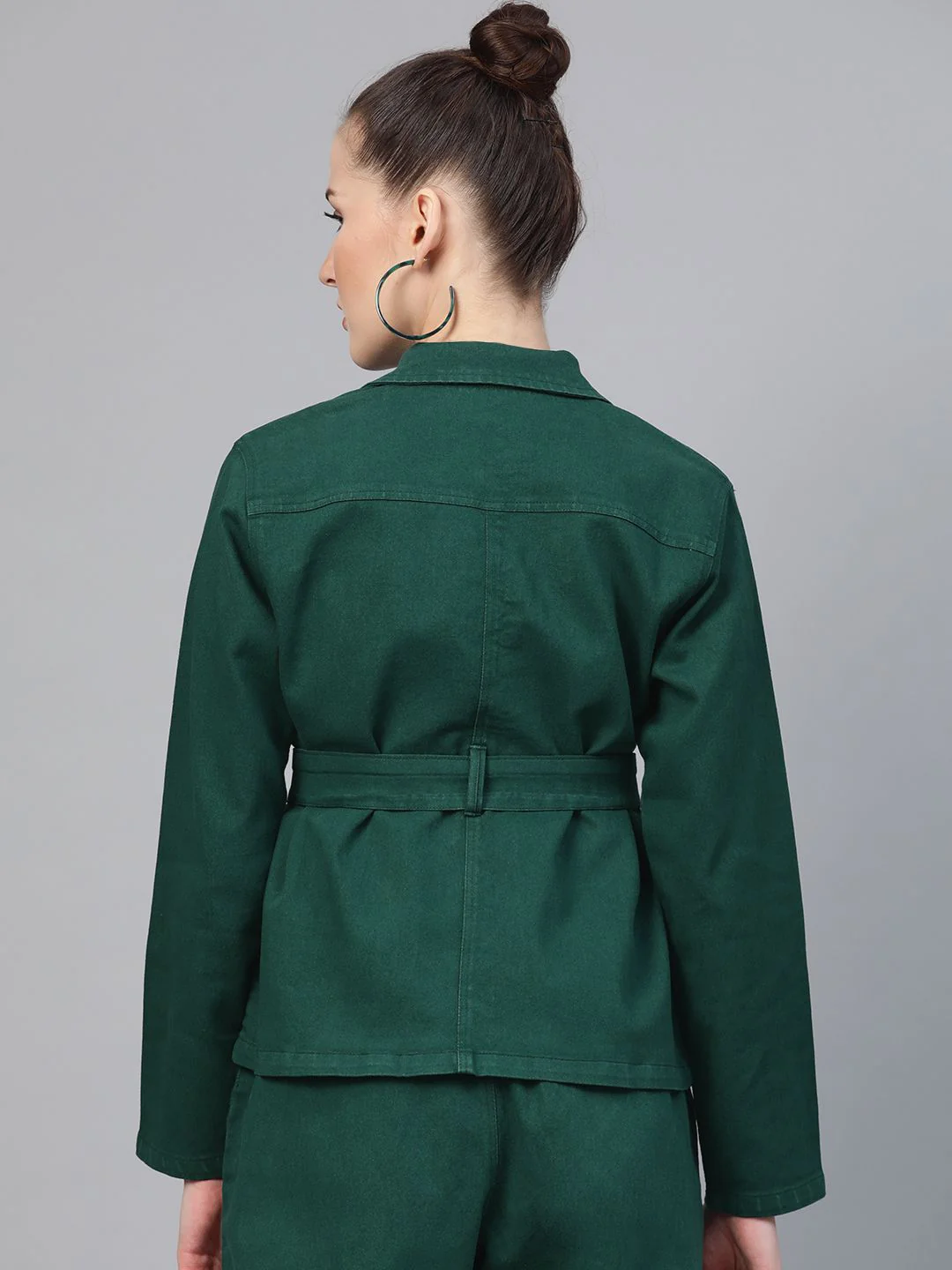 SASSAFRAS Women Green Solid Denim Jacket with Belt - Image 5