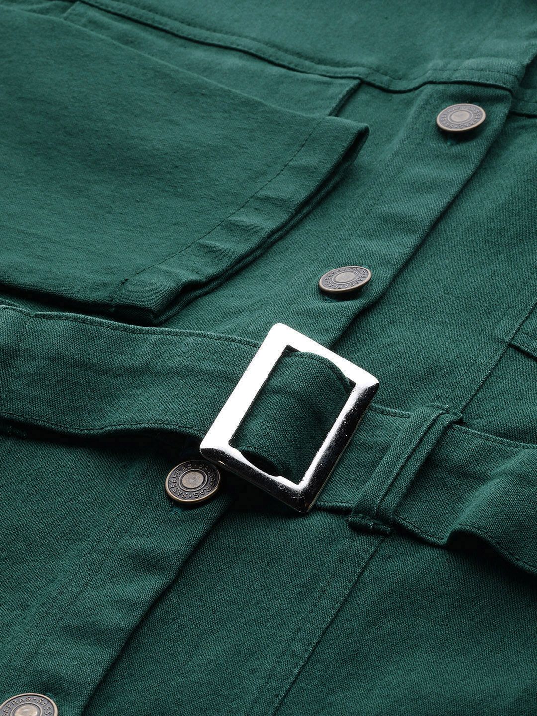 SASSAFRAS Women Green Solid Denim Jacket with Belt - Image 6