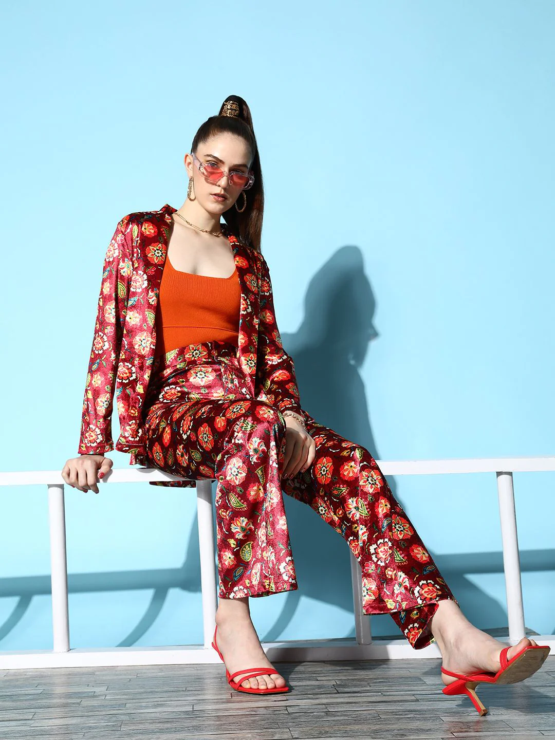 SASSAFRAS Women Lovely Maroon Floral Velvet Trousers - Image 5