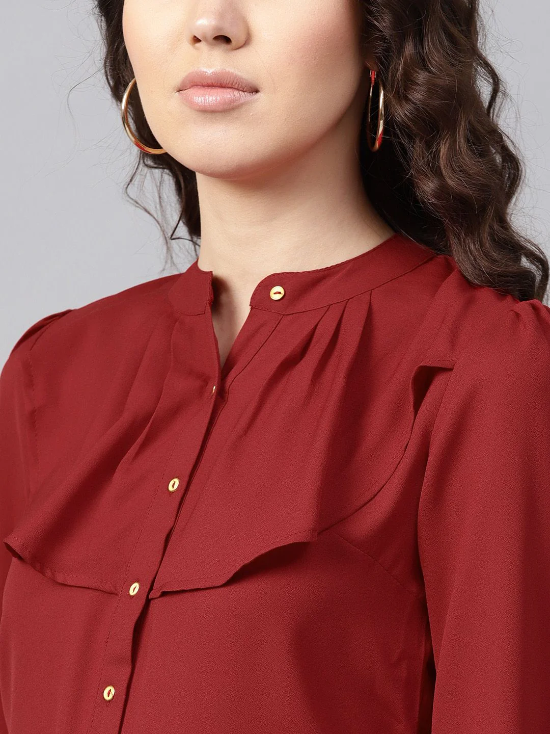 SASSAFRAS Women Maroon Ruffled Shirt Style Top - Image 2