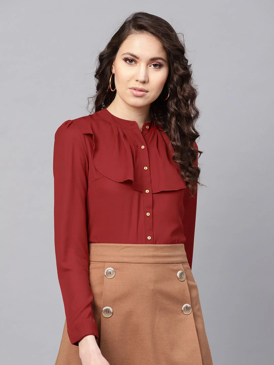 SASSAFRAS Women Maroon Ruffled Shirt Style Top - Image 3