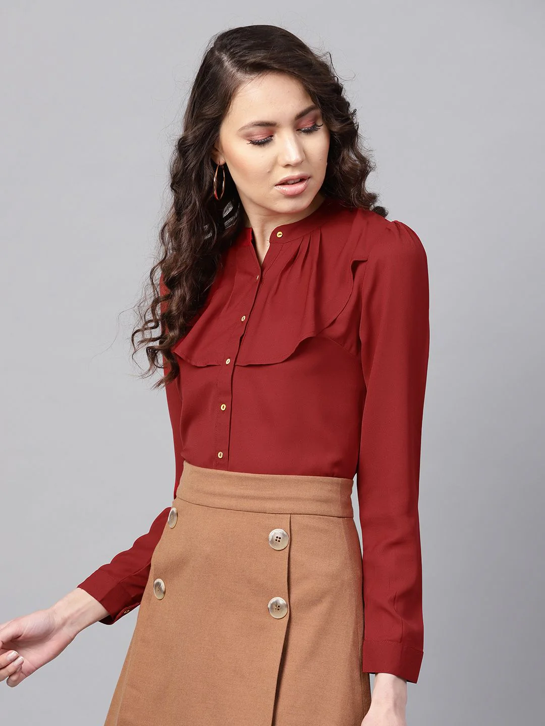 SASSAFRAS Women Maroon Ruffled Shirt Style Top - Image 5