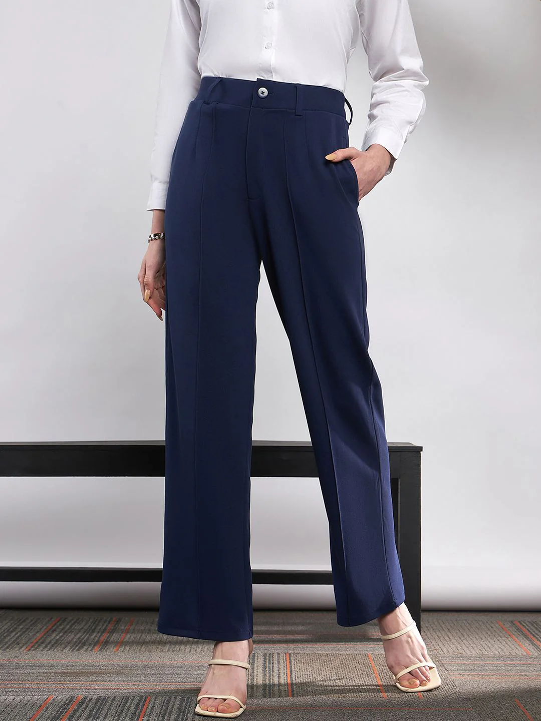 SASSAFRAS Women Navy Blue Straight Fit High-Rise Pleated Relaxed Fit Trousers