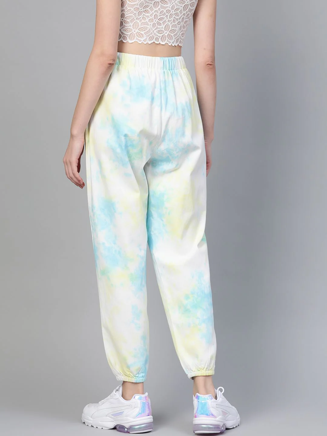 SASSAFRAS Women Off-White & Blue High-Rise Dyed Pure Cotton Joggers - Image 3
