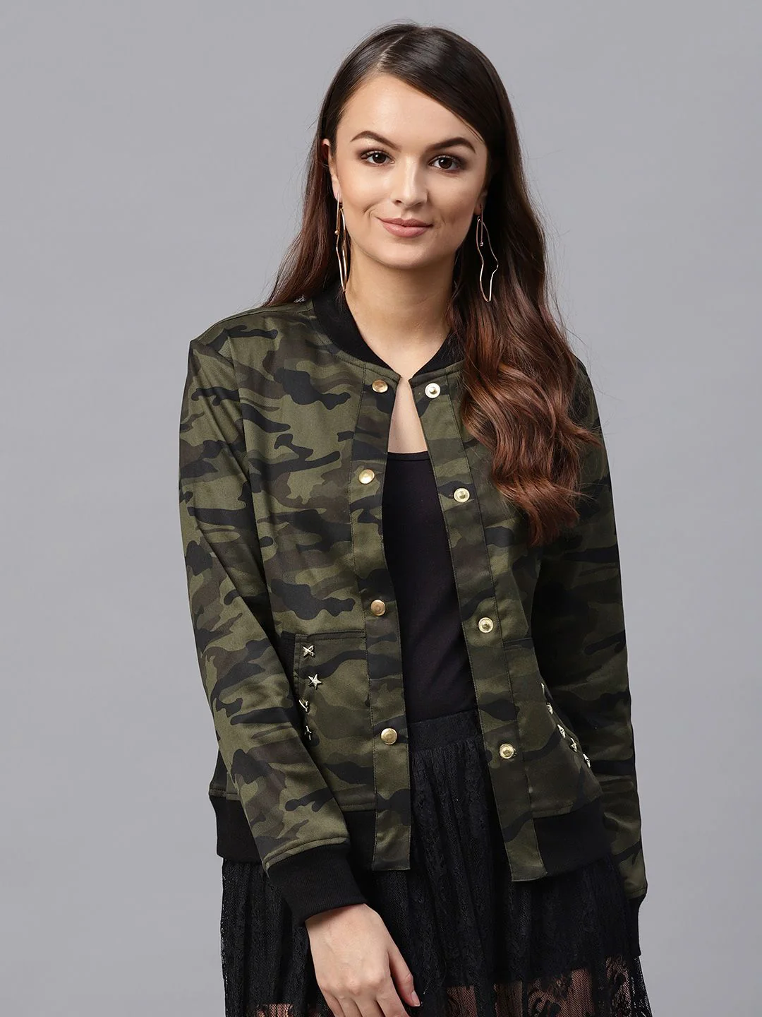 SASSAFRAS Women Olive Green & Black Printed Bomber Jacket - Image 3