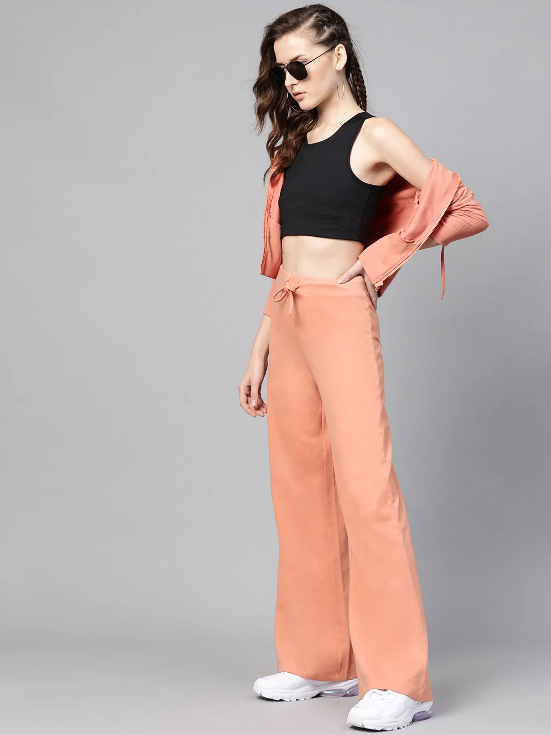 SASSAFRAS Women Peach-Coloured Solid Wide Leg Track Pants - Image 5