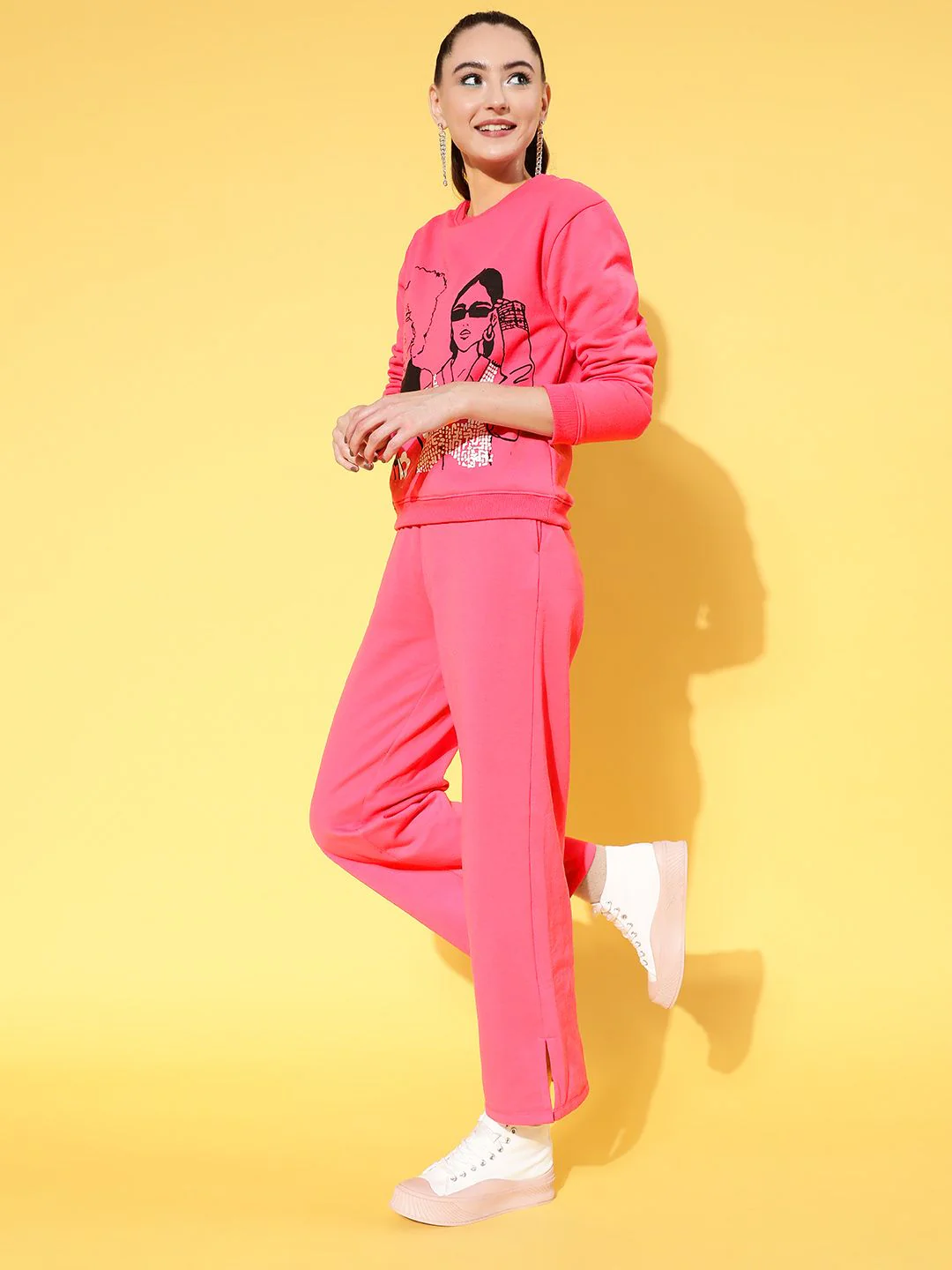 SASSAFRAS Women Pink & Black Printed Sweatshirts and Trousers - Image 5