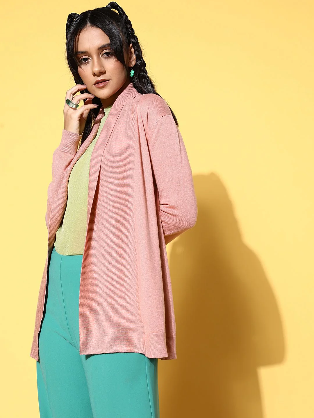 SASSAFRAS Women Pink Ribbed Shawl Collar Front Open Sweater - Image 2