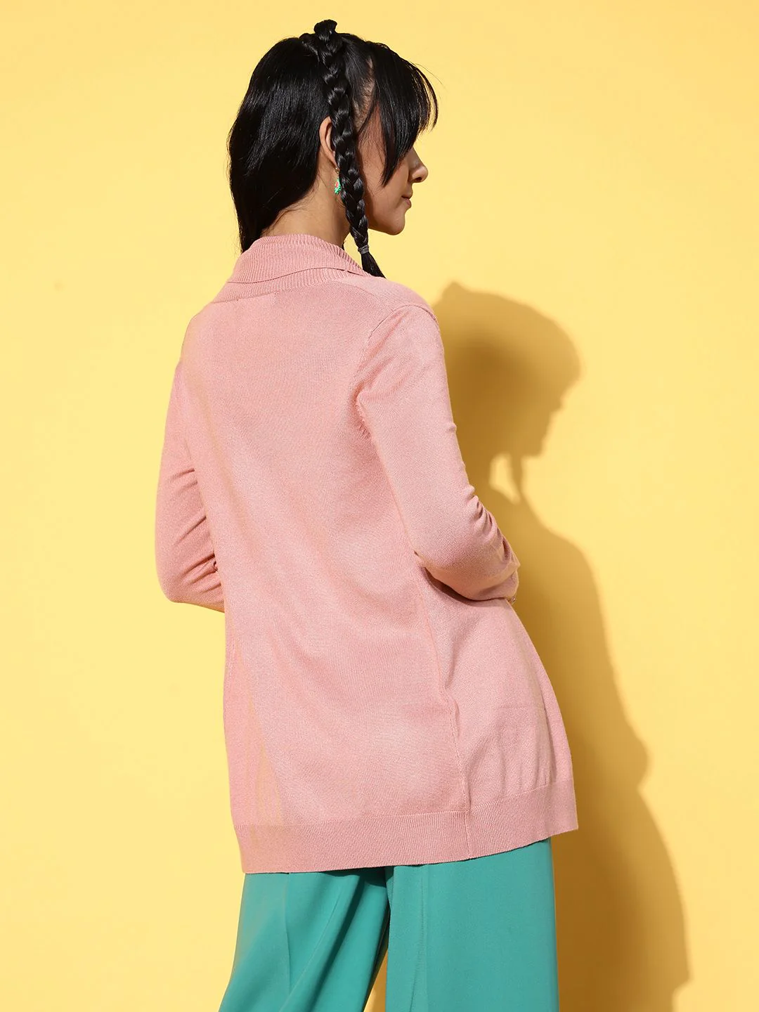 SASSAFRAS Women Pink Ribbed Shawl Collar Front Open Sweater - Image 5