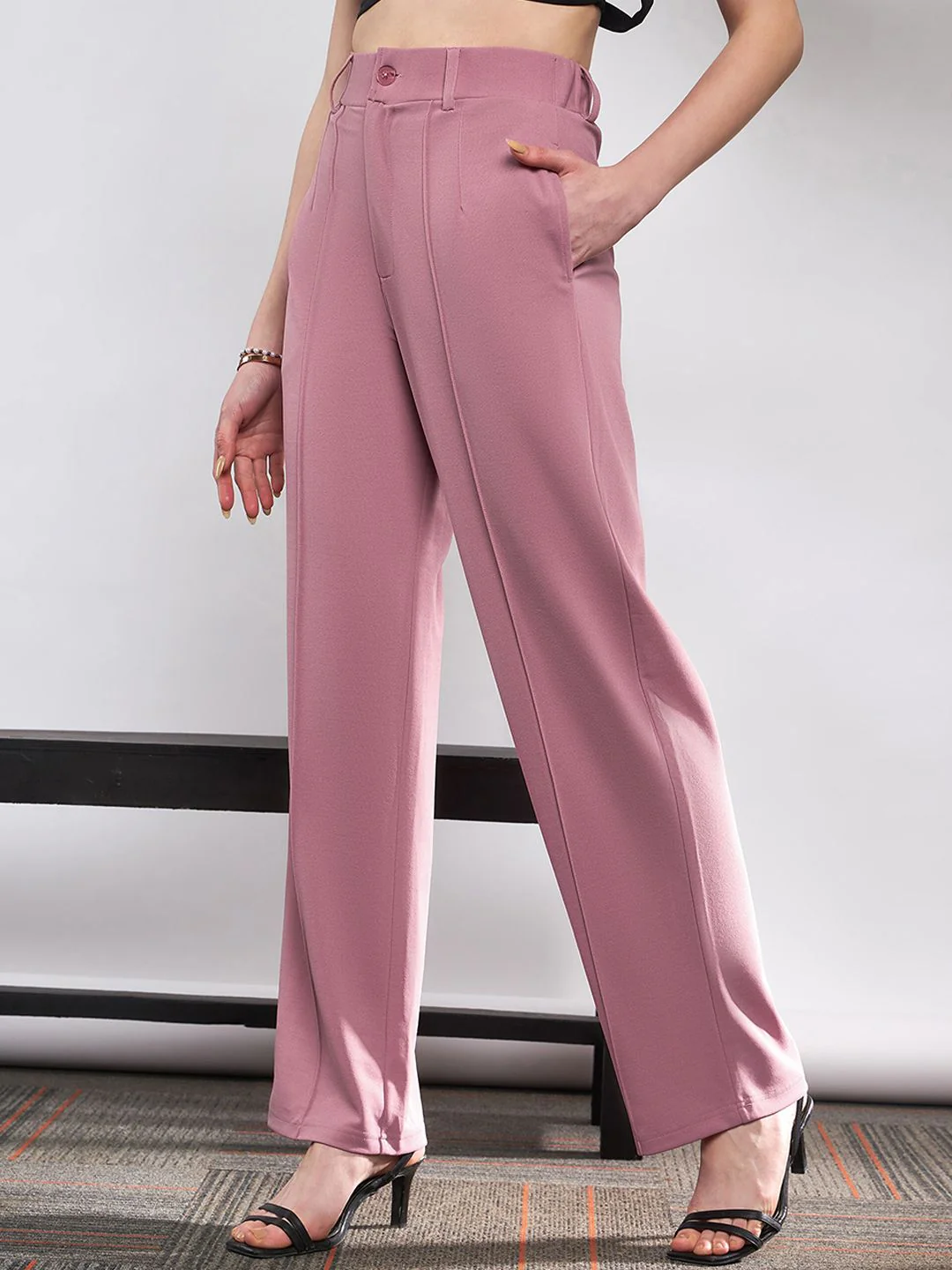 SASSAFRAS Women Pink Straight Fit High-Rise Bootcut Trousers - Image 2