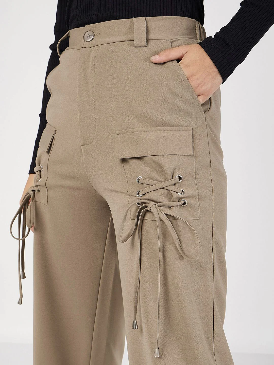 SASSAFRAS Women Plain Flat-Front High-Rise Cargos - Image 6