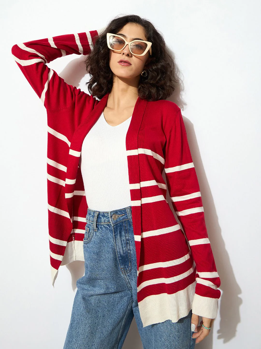 SASSAFRAS Women Red & White Acrylic Ribbed Open Front Striped Longline Shrug