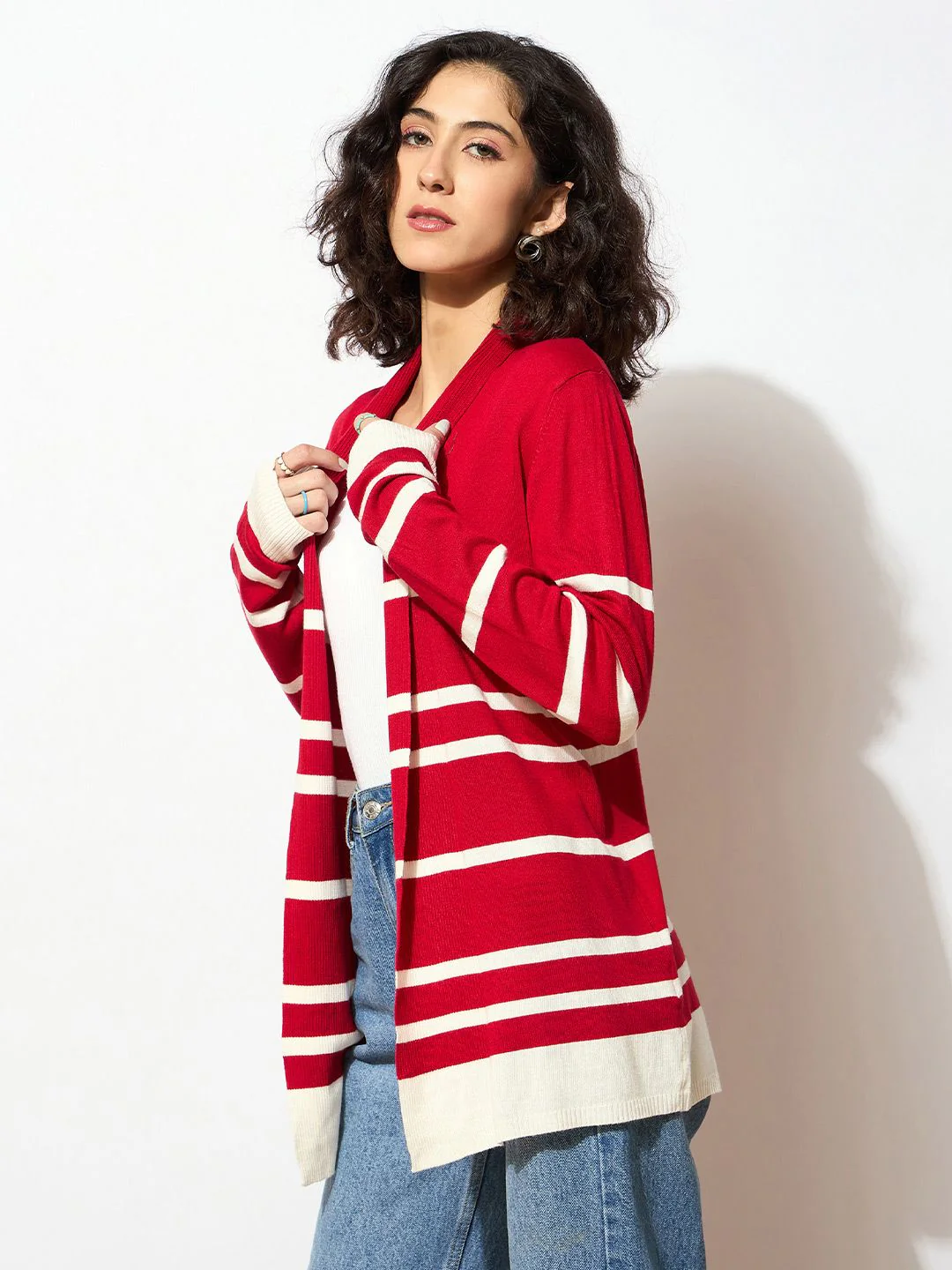 SASSAFRAS Women Red & White Acrylic Ribbed Open Front Striped Longline Shrug - Image 3