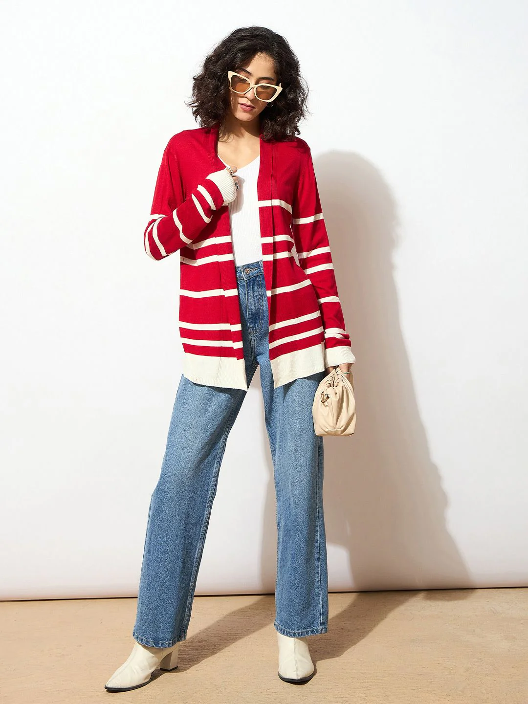 SASSAFRAS Women Red & White Acrylic Ribbed Open Front Striped Longline Shrug - Image 4