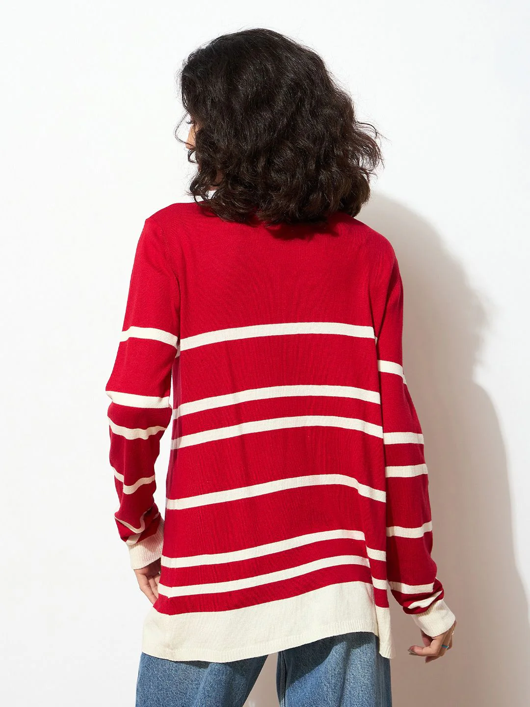SASSAFRAS Women Red & White Acrylic Ribbed Open Front Striped Longline Shrug - Image 5