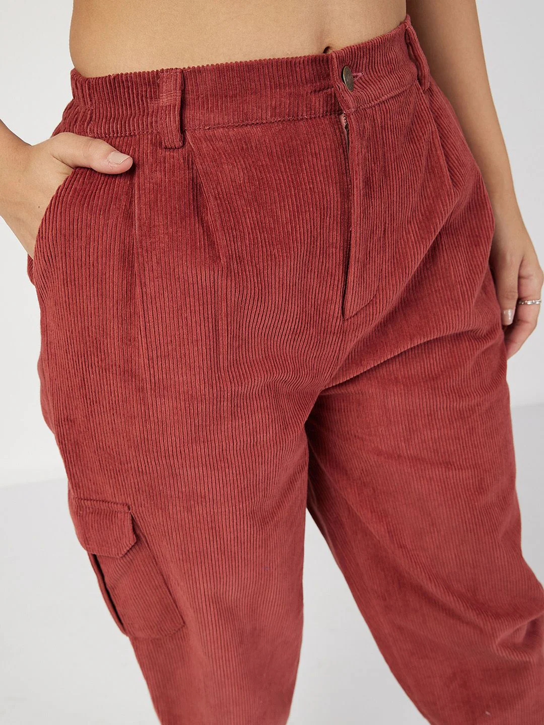SASSAFRAS Women Rust Mid-Rise Pure Cotton Corduroy Trousers - Image 6