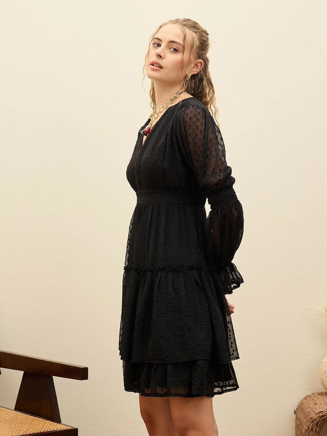 SASSAFRAS Women Solid Self Design Fit & Flare Dress - Image 3