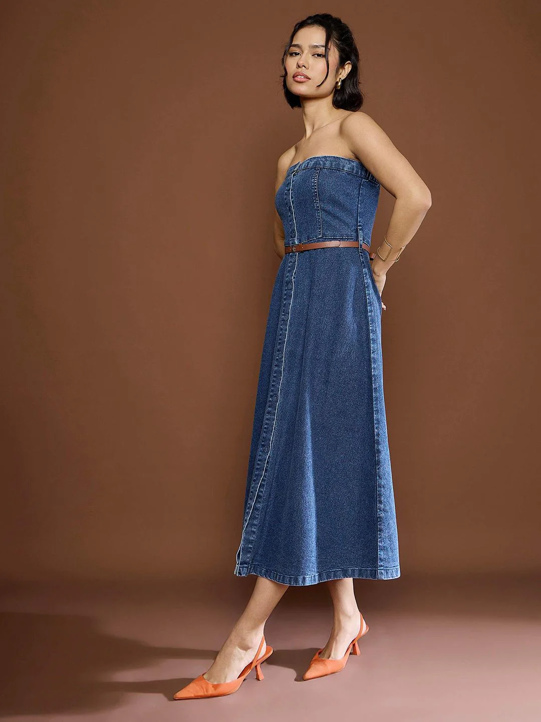 SASSAFRAS Women Strapless Denim Bandeau Midi Dress - Image 5