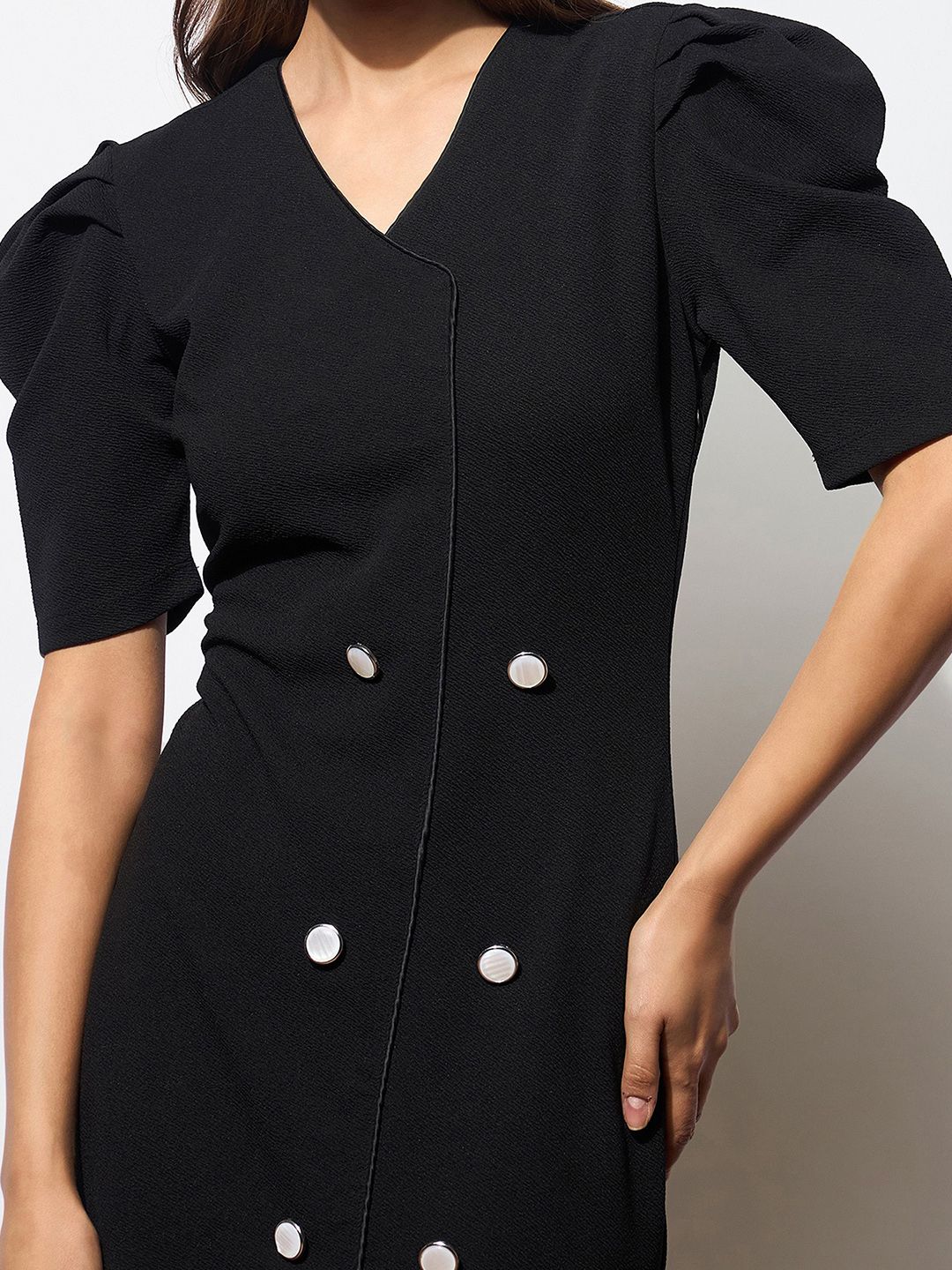 SASSAFRAS Women V-Neck Puff Sleeve Double Button Mock Placket Bodycon Midi Dress - Image 2