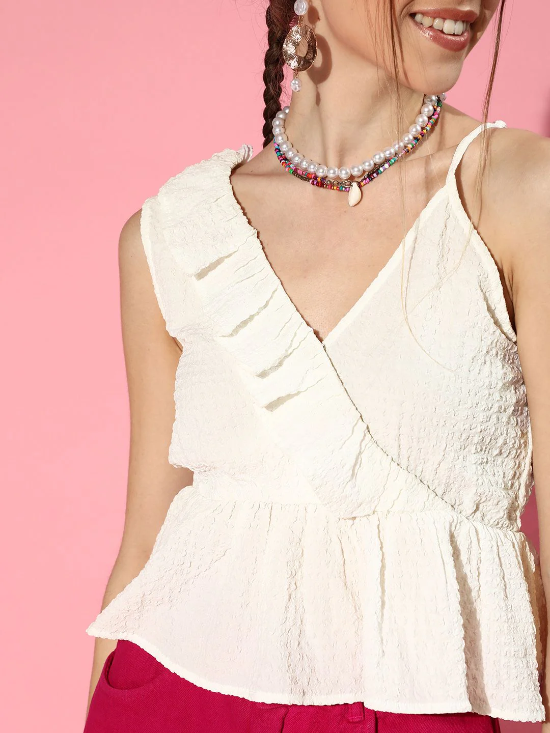 SASSAFRAS Women White One Shoulder Ruffles Empire Top - Image 3