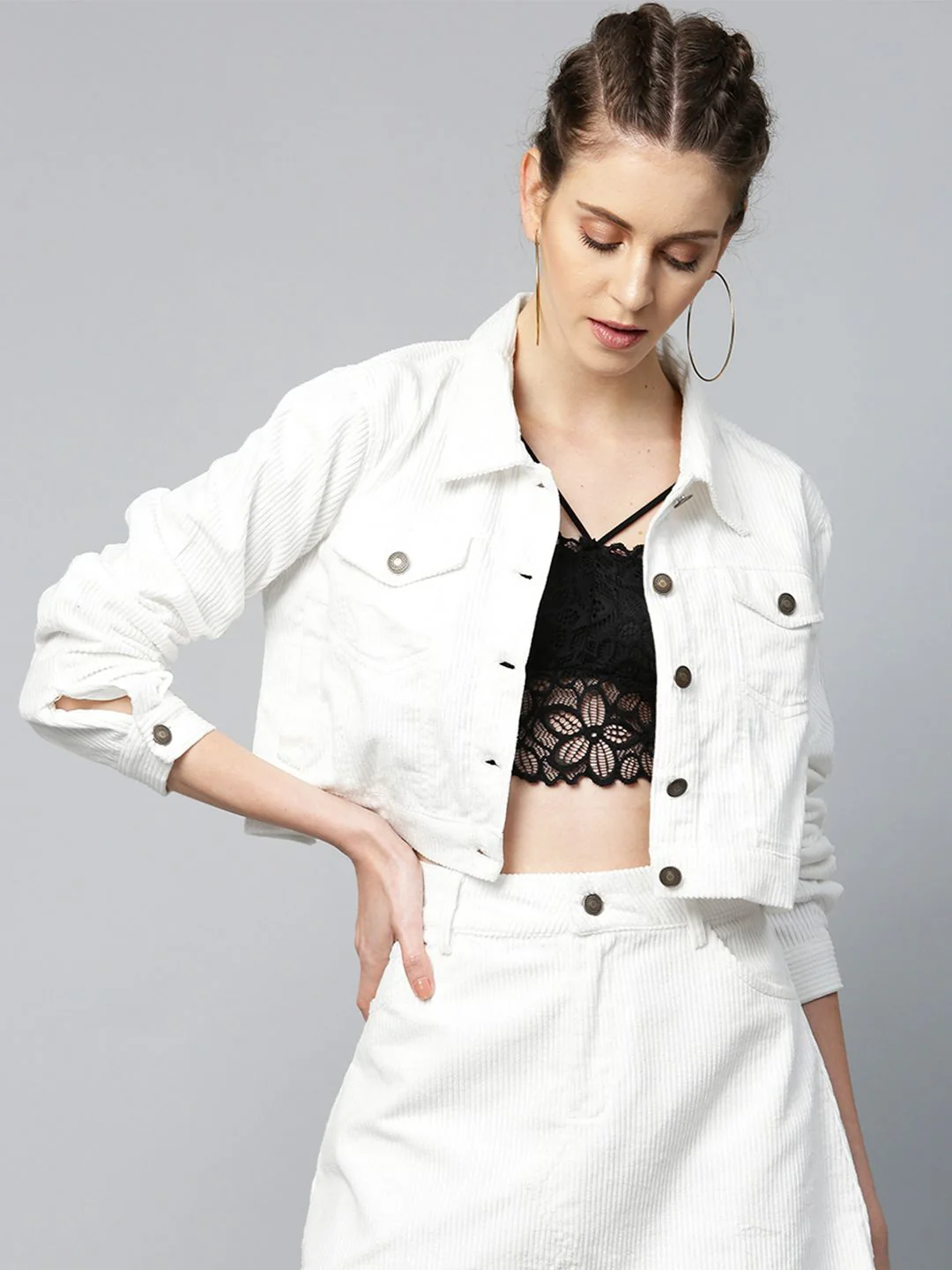 SASSAFRAS Women White Self-Striped Corduroy Crop Tailored Jacket - Image 2
