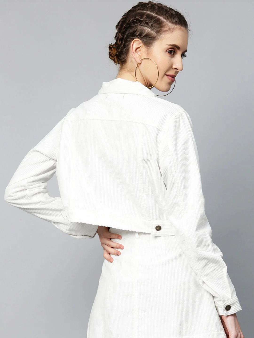SASSAFRAS Women White Self-Striped Corduroy Crop Tailored Jacket - Image 4