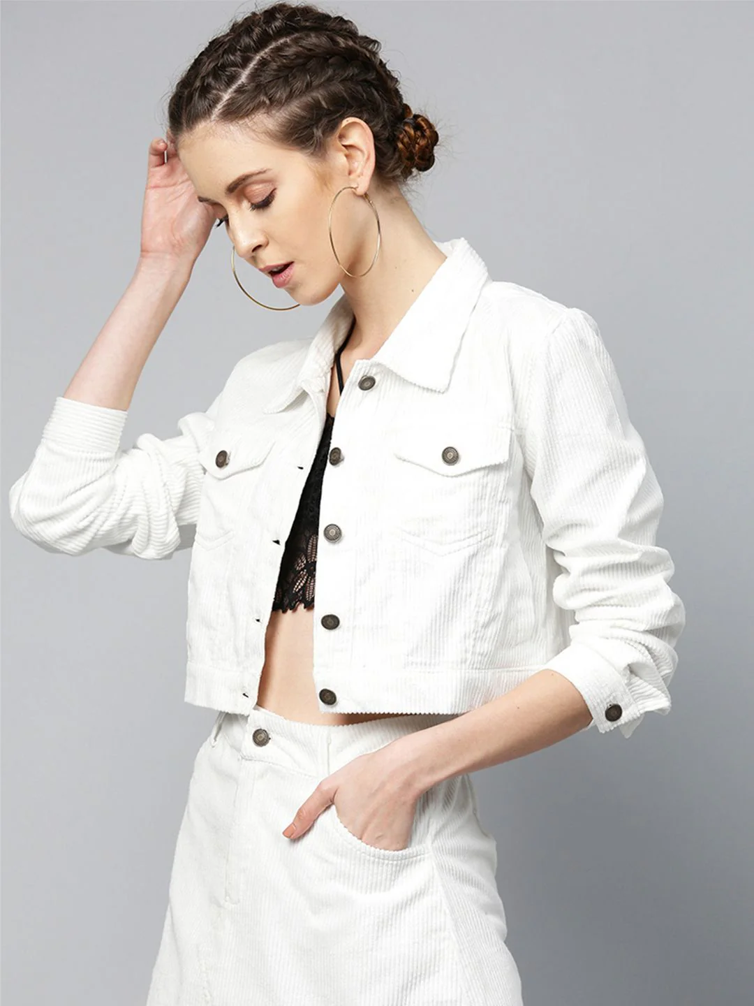 SASSAFRAS Women White Self-Striped Corduroy Crop Tailored Jacket - Image 5
