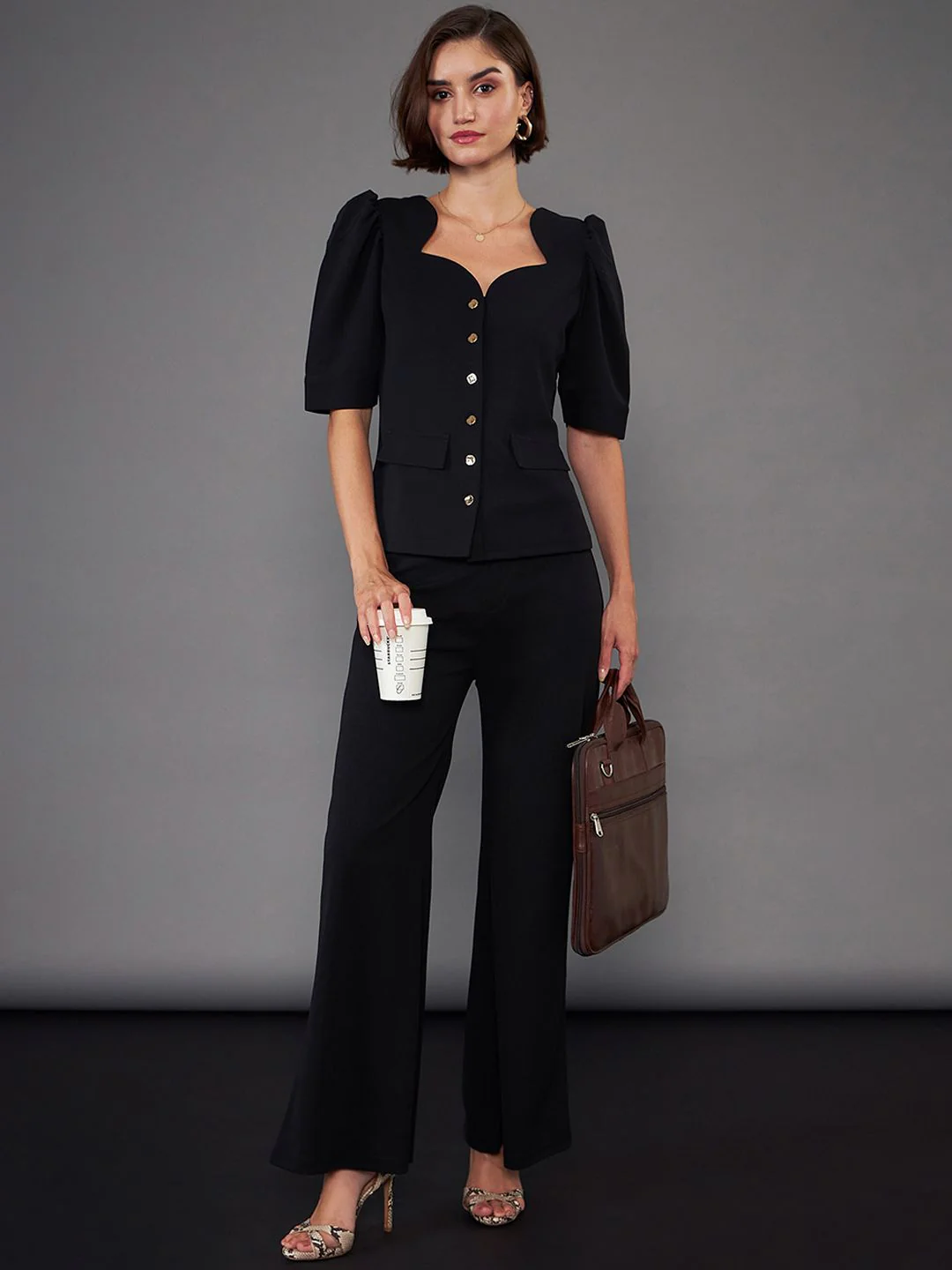 SASSAFRAS worklyf Black Sweetheart Neck Puff Sleeves Top & Trousers