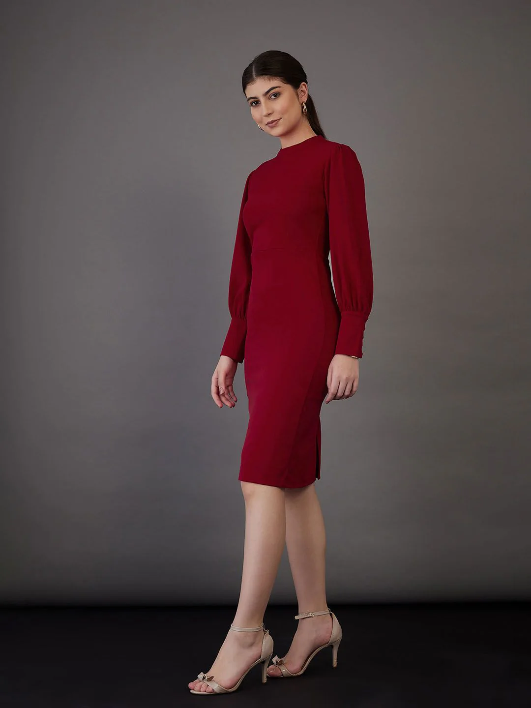 SASSAFRAS worklyf High Neck Puff Sleeves Formal Sheath Dress - Image 3