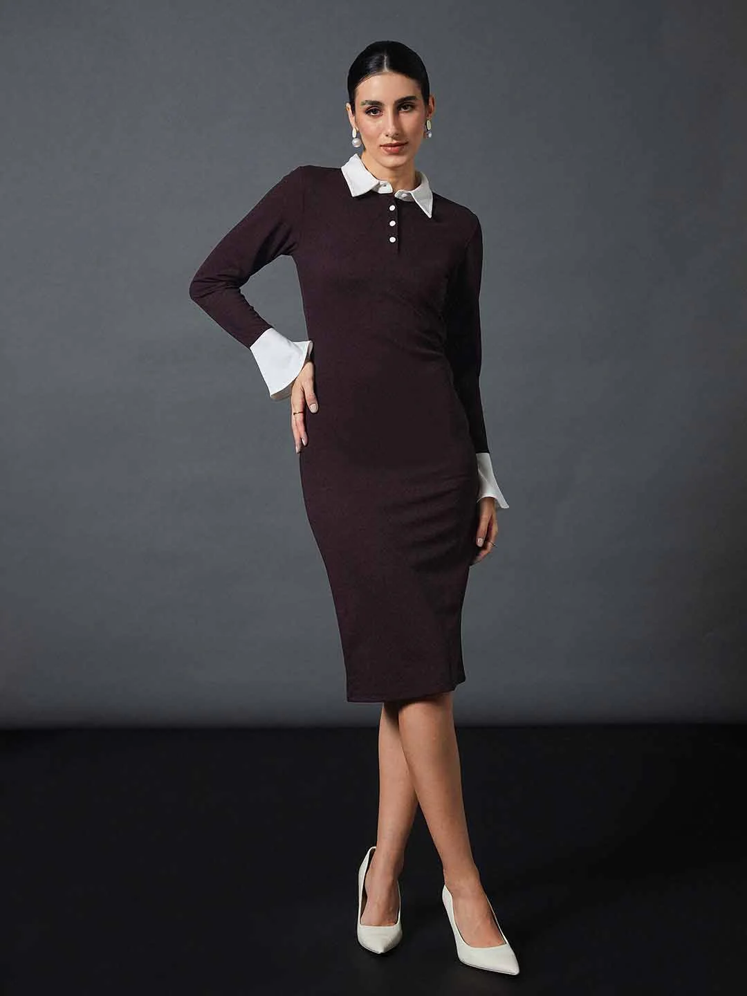 SASSAFRAS worklyf Shirt Collar Sheath Midi Dress - Image 3