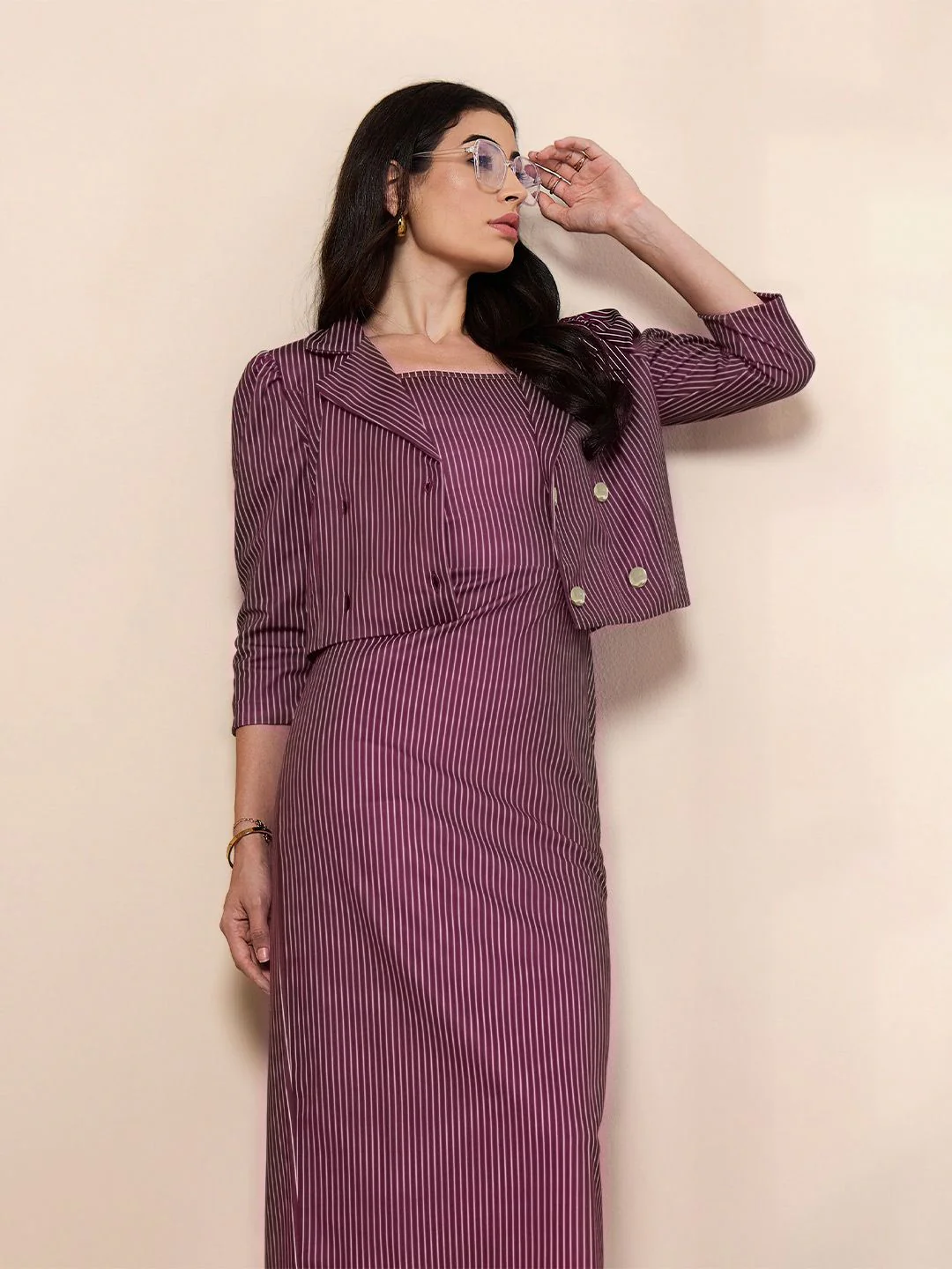 SASSAFRAS worklyf Striped Bodycon Dress With Crop Blazer - Image 7