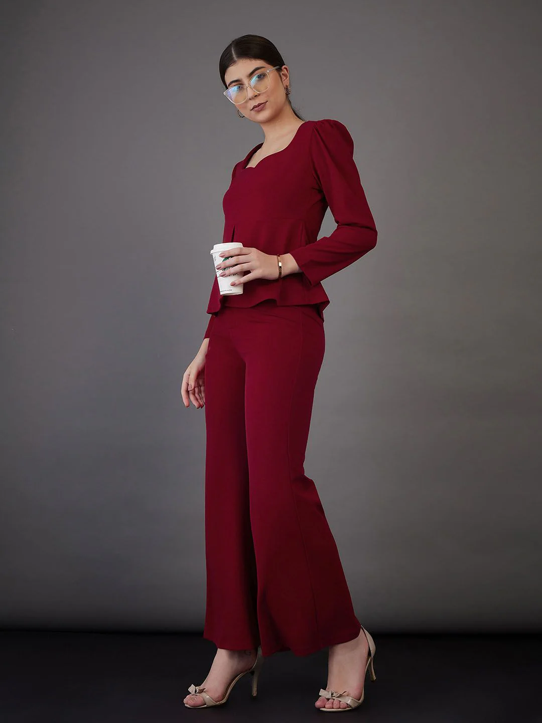 SASSAFRAS worklyf Sweetheart Neck Puff Sleeves Top With Bell Bottom Trousers - Image 6