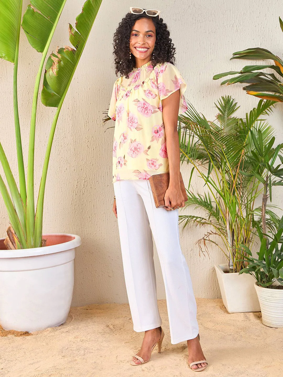 SASSAFRAS Yellow Floral Printed High Neck Flutter Sleeve Georgette Top - Image 4