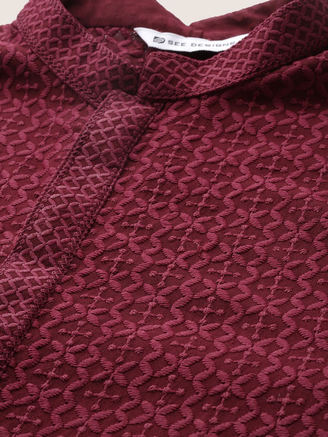 See Designs Geometric Embroidered Mandarin Collar Chikankari Straight Kurta - Image 2