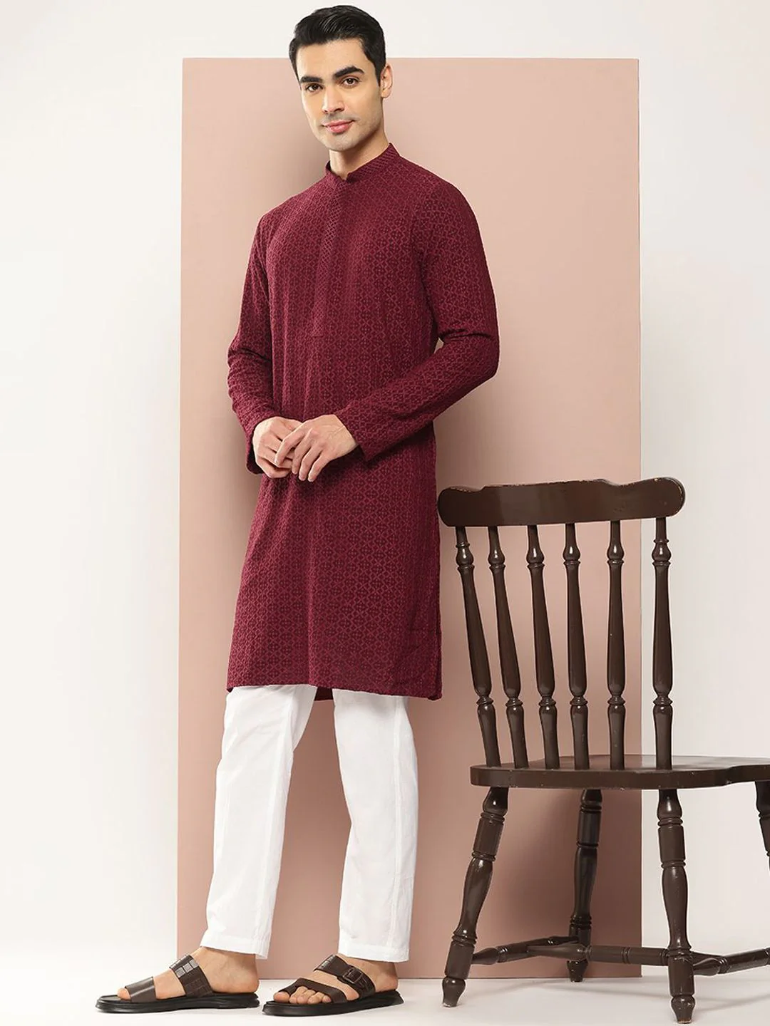 See Designs Geometric Embroidered Mandarin Collar Chikankari Straight Kurta - Image 4