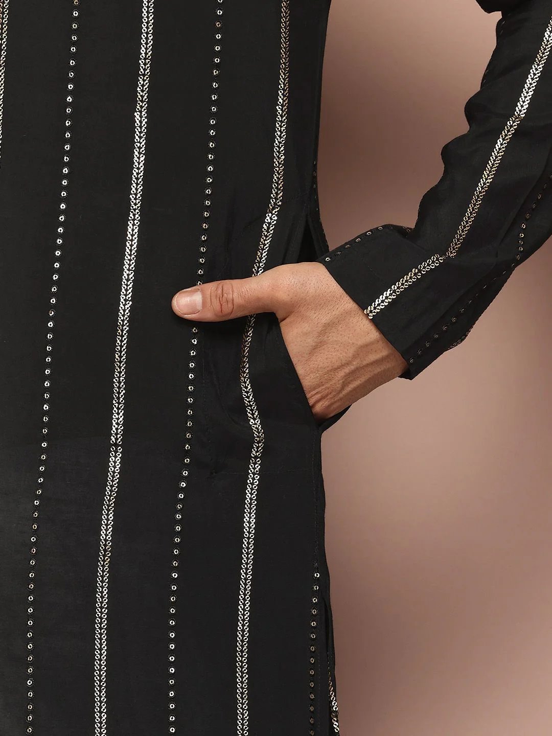 See Designs Mandarin Collar Geometric Embroidered Sequinned Chanderi Silk Straight Kurta - Image 6