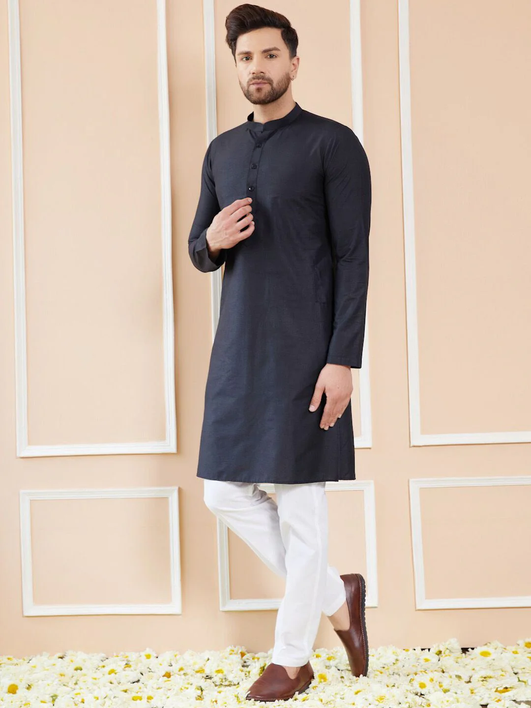 See Designs Mandarin Collar Long Sleeves Cotton Kurta - Image 5