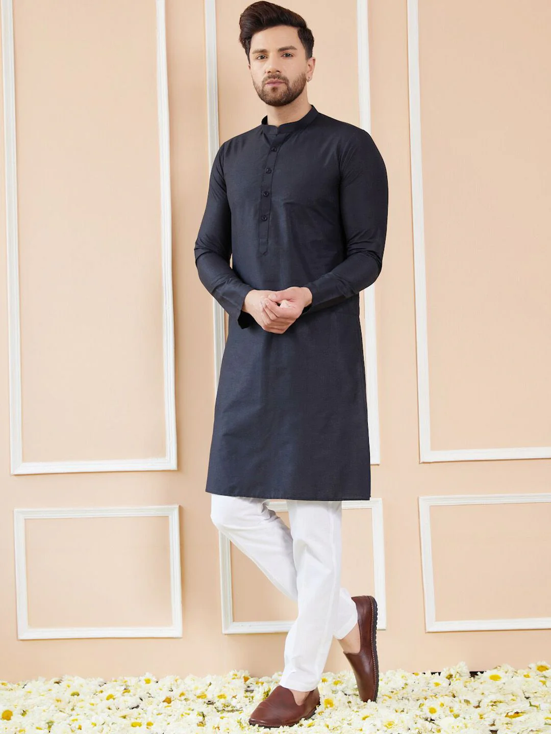 See Designs Mandarin Collar Long Sleeves Cotton Kurta - Image 7